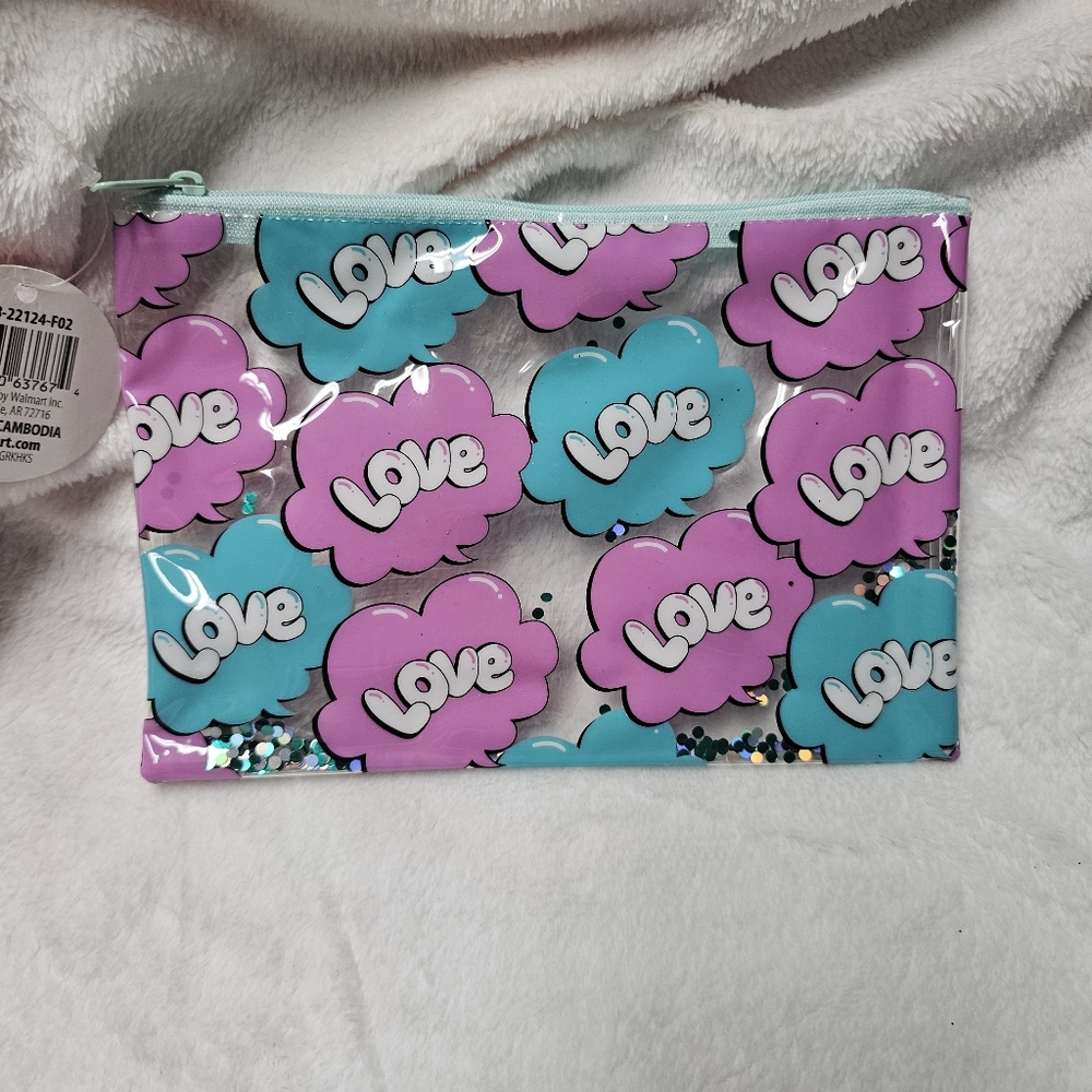 Love Pastel Blue and Purple Glitter Fidget Zippered Pouch
